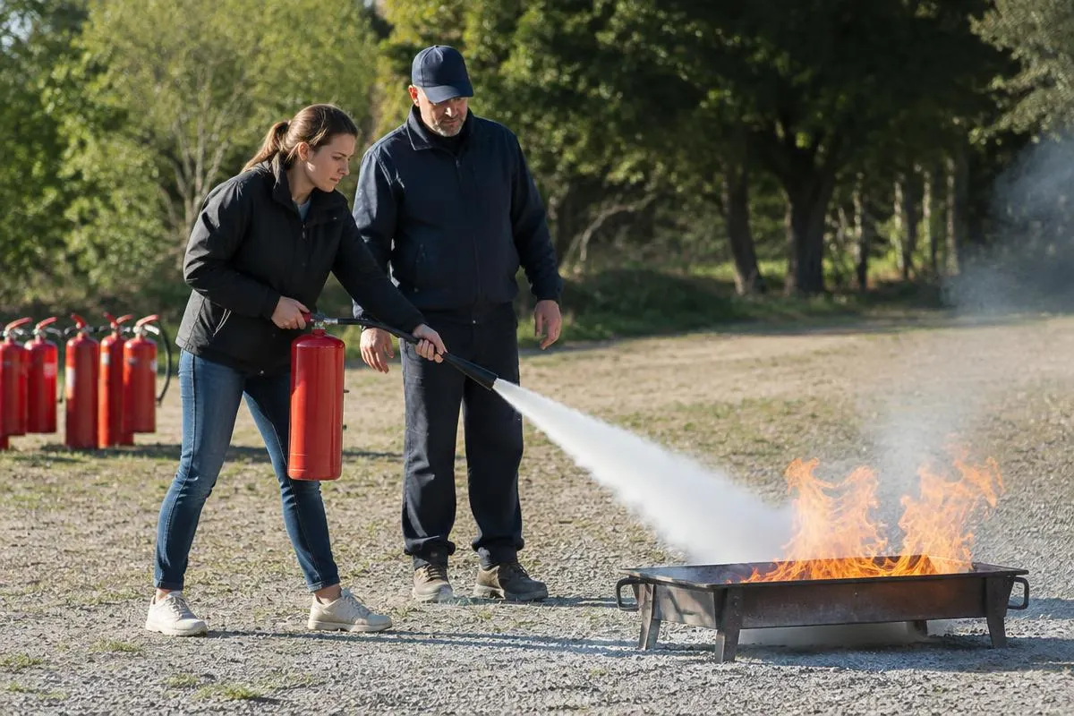 Teilnehmerin löscht unter Anleitung eines Trainers ein Übungsfeuer mit einem Feuerlöscher