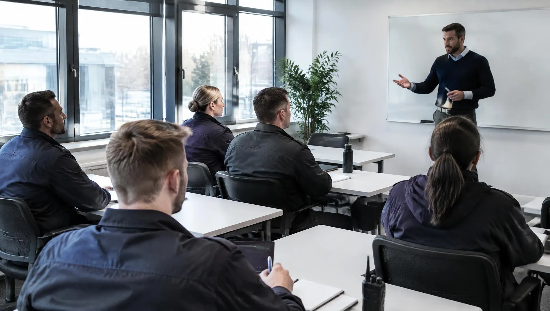 Schulungsraum mit Teilnehmenden aus dem Sicherheitsbereich, die einem Dozenten am Whiteboard zuhören